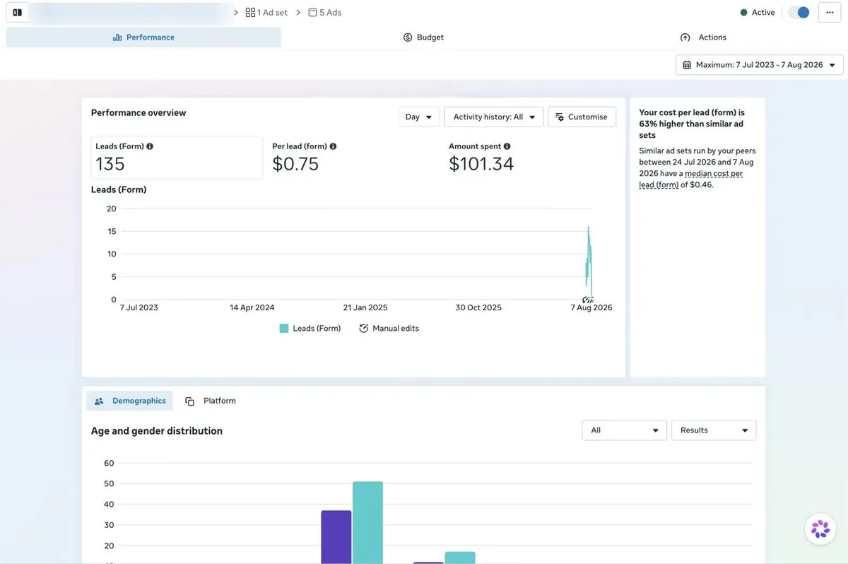 Meta Ads result — 135 leads at $0.75